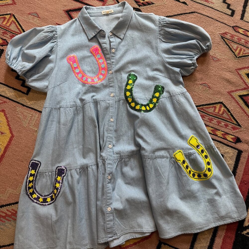 Women's XL Babydoll Chambray Dress with Sequin Horseshoes